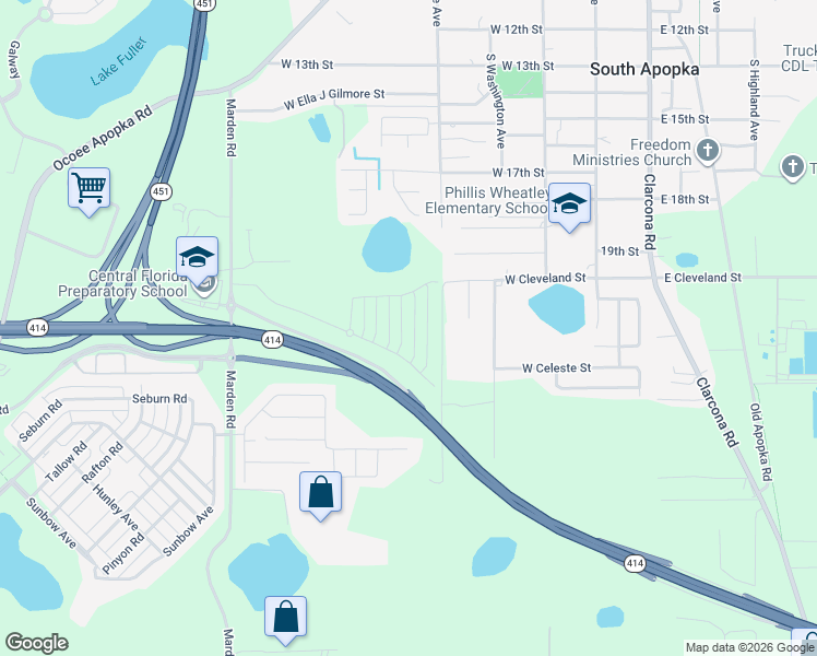 map of restaurants, bars, coffee shops, grocery stores, and more near 1890 South Hawthorne Avenue in Apopka