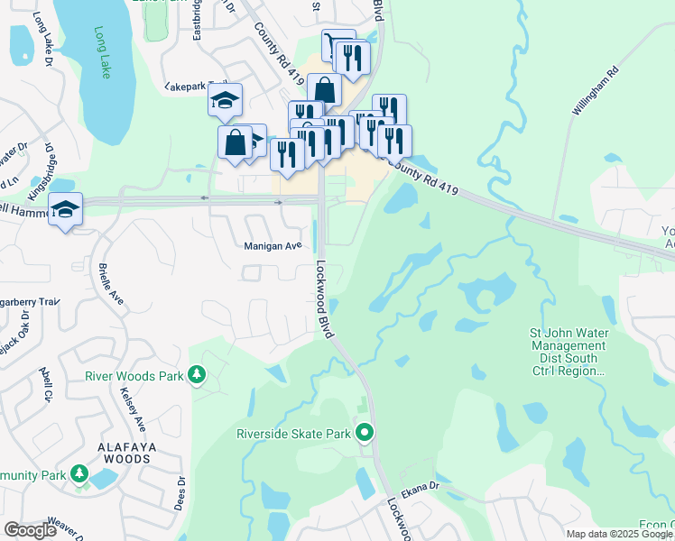 map of restaurants, bars, coffee shops, grocery stores, and more near 985 Big Oaks Drive in Oviedo