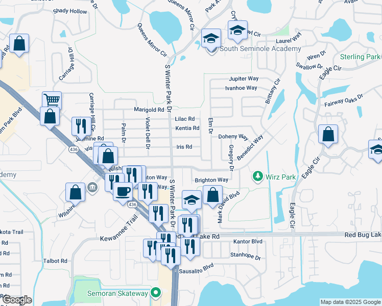 map of restaurants, bars, coffee shops, grocery stores, and more near 671 Hibiscus Road in Casselberry