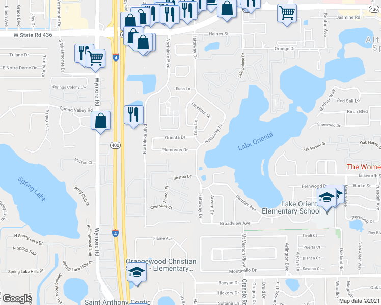 map of restaurants, bars, coffee shops, grocery stores, and more near 150 Plumosus Drive in Altamonte Springs