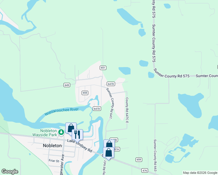 map of restaurants, bars, coffee shops, grocery stores, and more near 9175 County Road 647D in Bushnell