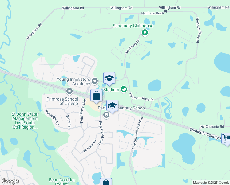 map of restaurants, bars, coffee shops, grocery stores, and more near 1240 Sanctuary Drive in Oviedo