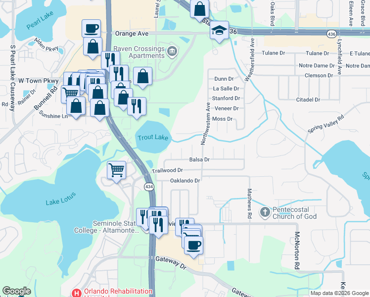 map of restaurants, bars, coffee shops, grocery stores, and more near 531 Pine Court in Altamonte Springs