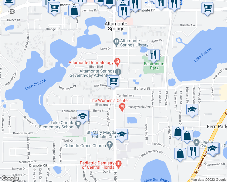 map of restaurants, bars, coffee shops, grocery stores, and more near 550 Maitland Avenue in Altamonte Springs