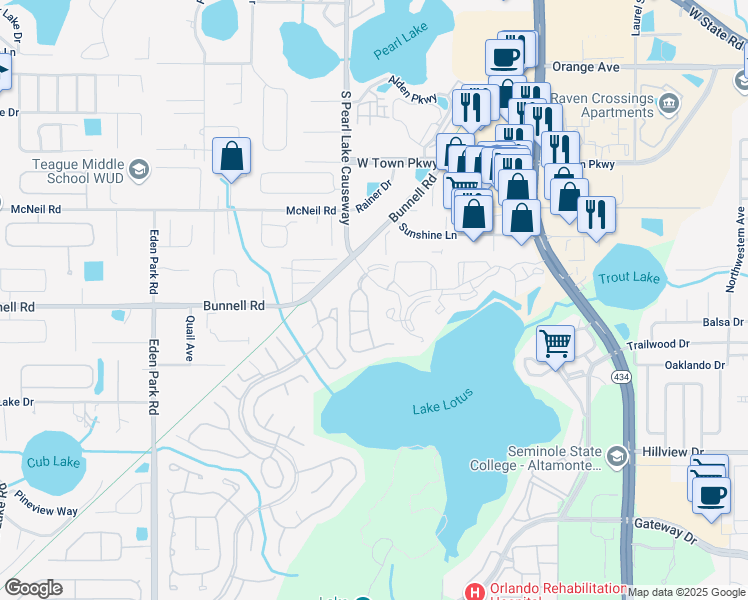 map of restaurants, bars, coffee shops, grocery stores, and more near 581 Brantley Terrace in Altamonte Springs
