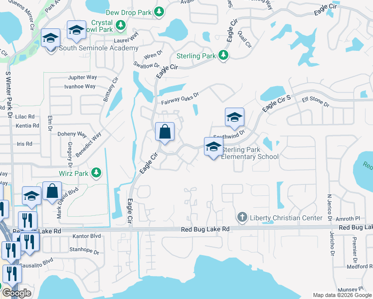 map of restaurants, bars, coffee shops, grocery stores, and more near 937 South Eagle Circle in Casselberry