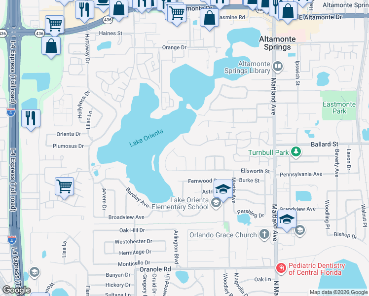 map of restaurants, bars, coffee shops, grocery stores, and more near 408 Oak Haven Drive in Altamonte Springs