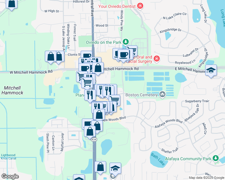 map of restaurants, bars, coffee shops, grocery stores, and more near 120 Alexandria Boulevard in Oviedo