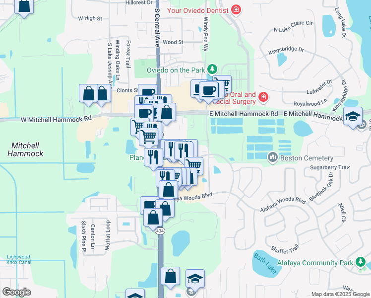 map of restaurants, bars, coffee shops, grocery stores, and more near 120 Alexandria Boulevard in Oviedo