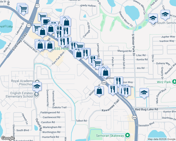 map of restaurants, bars, coffee shops, grocery stores, and more near 244 Maltese Circle in Casselberry