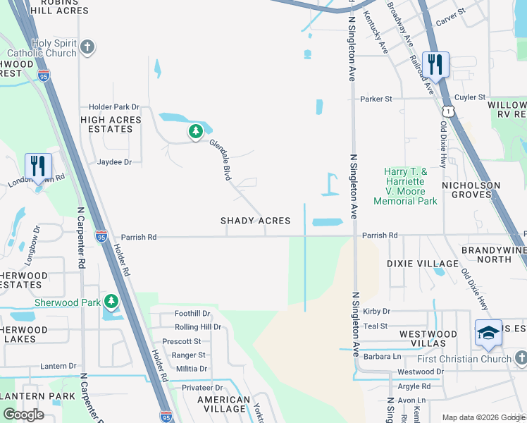 map of restaurants, bars, coffee shops, grocery stores, and more near 3610 Briarcliff Way in Mims