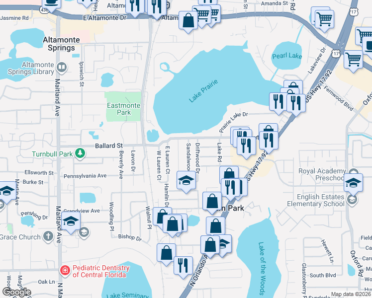 map of restaurants, bars, coffee shops, grocery stores, and more near 2408 Sandalwood Drive in Casselberry