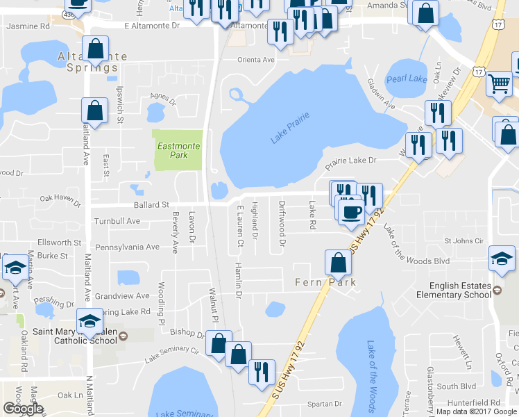 map of restaurants, bars, coffee shops, grocery stores, and more near 105 Highland Drive in Casselberry