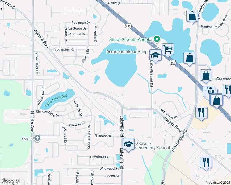 map of restaurants, bars, coffee shops, grocery stores, and more near 1571 Danisco Place in Apopka