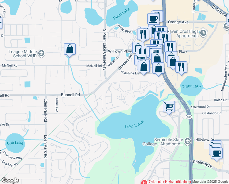 map of restaurants, bars, coffee shops, grocery stores, and more near 581 Brantley Terrace in Altamonte Springs