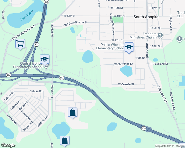map of restaurants, bars, coffee shops, grocery stores, and more near 1890 South Hawthorne Avenue in Apopka
