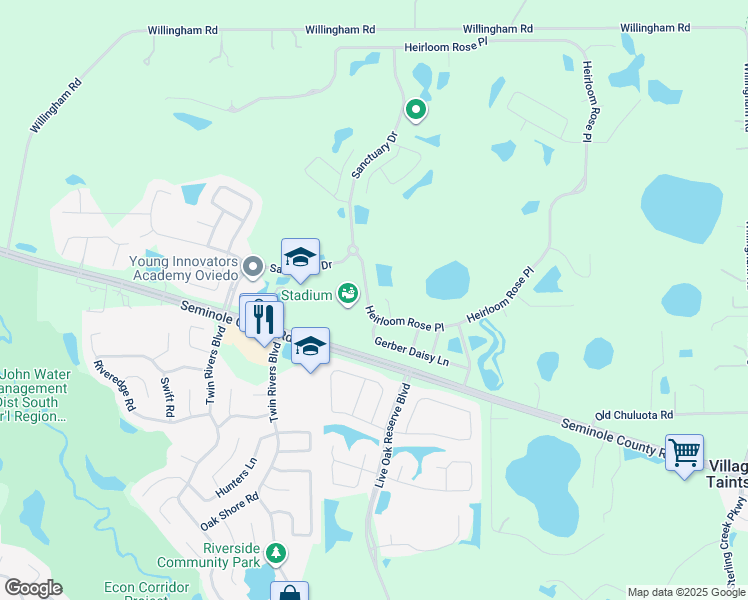 map of restaurants, bars, coffee shops, grocery stores, and more near 4258 Heirloom Rose Place in Oviedo