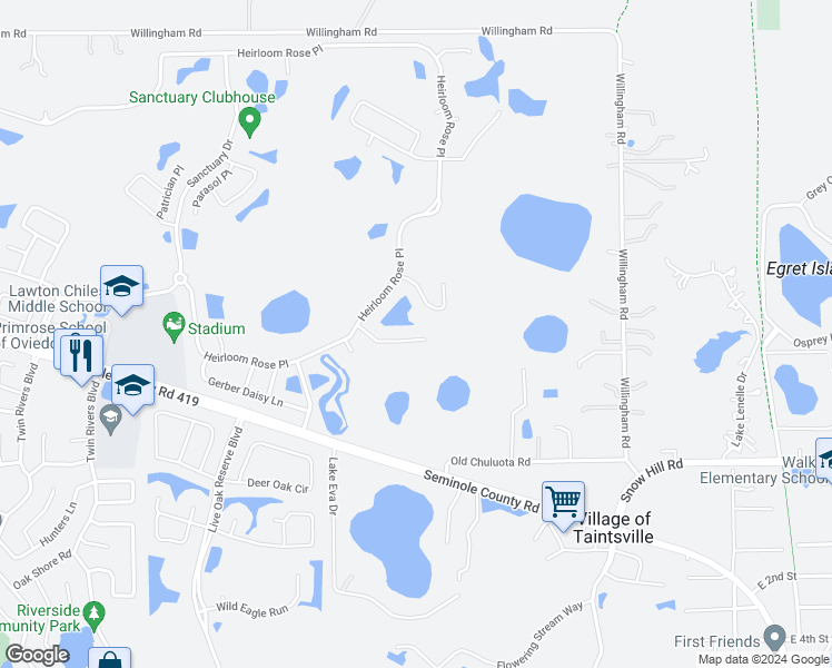 map of restaurants, bars, coffee shops, grocery stores, and more near 3850 Hammonds Ferry Court in Oviedo
