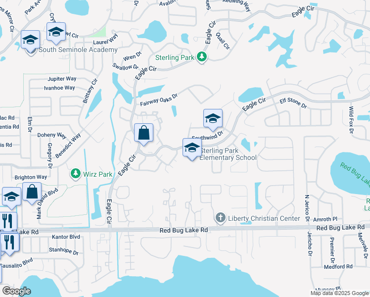 map of restaurants, bars, coffee shops, grocery stores, and more near 905 South Eagle Circle in Casselberry