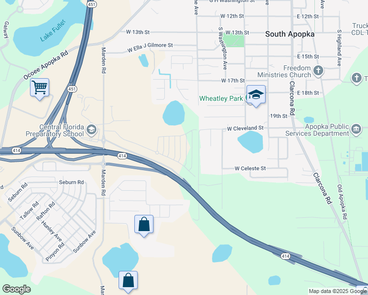 map of restaurants, bars, coffee shops, grocery stores, and more near 1890 South Hawthorne Avenue in Apopka