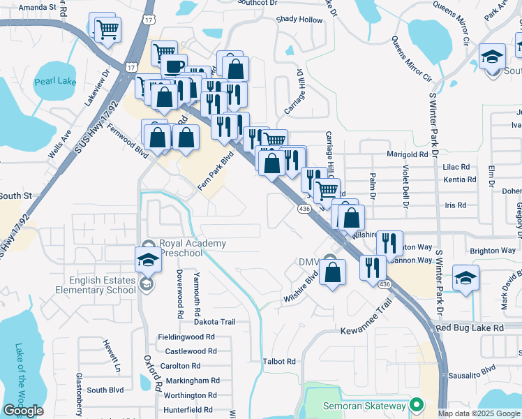 map of restaurants, bars, coffee shops, grocery stores, and more near 499 Florida 436 in Casselberry