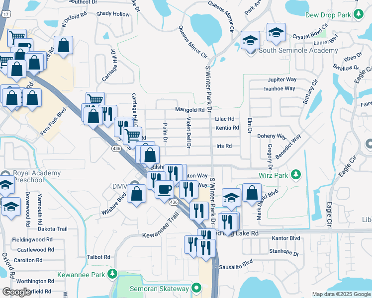 map of restaurants, bars, coffee shops, grocery stores, and more near 460 Iris Road in Casselberry