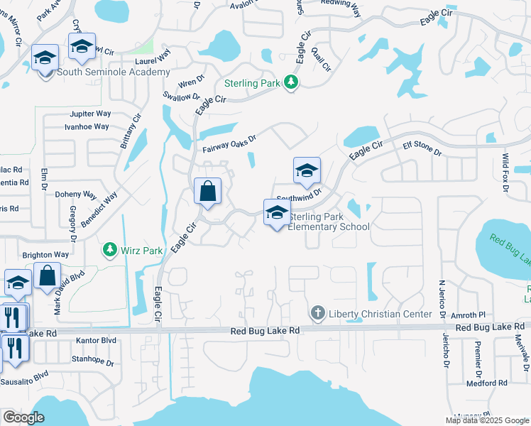 map of restaurants, bars, coffee shops, grocery stores, and more near 905 South Eagle Circle in Casselberry