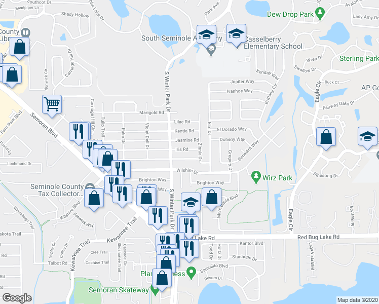 map of restaurants, bars, coffee shops, grocery stores, and more near 671 Hibiscus Road in Casselberry