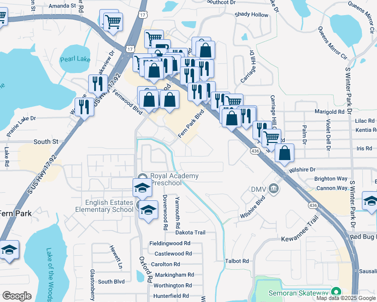 map of restaurants, bars, coffee shops, grocery stores, and more near 216 Postal Lane in Fern Park