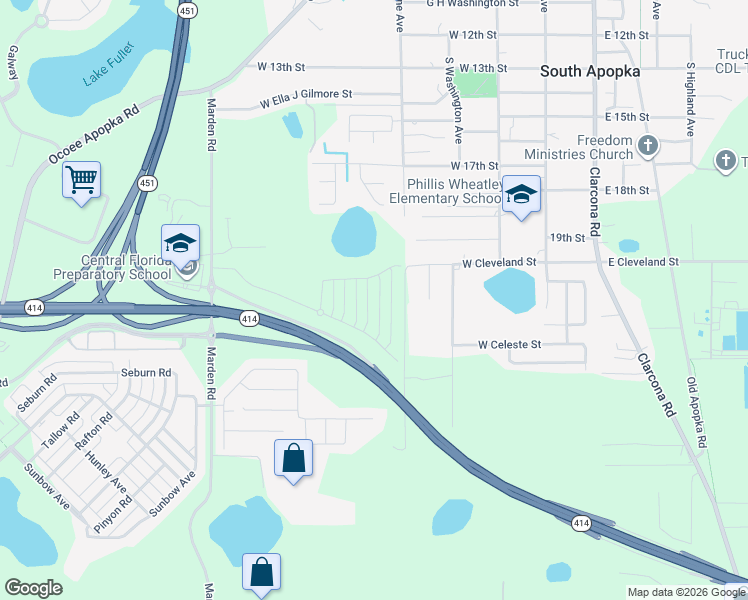 map of restaurants, bars, coffee shops, grocery stores, and more near 1890 South Hawthorne Avenue in Apopka