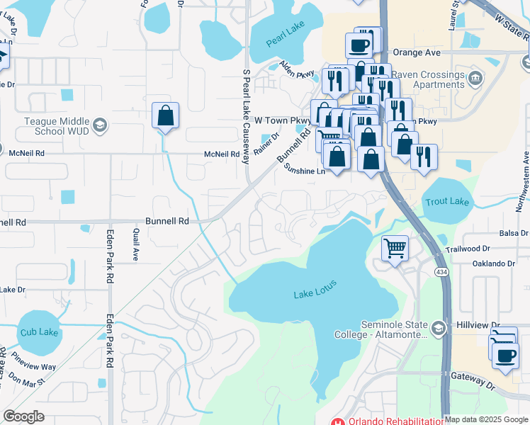 map of restaurants, bars, coffee shops, grocery stores, and more near 581 Brantley Terrace Way in Altamonte Springs