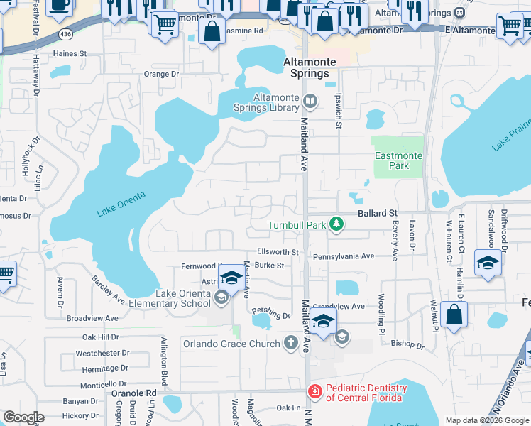 map of restaurants, bars, coffee shops, grocery stores, and more near 628 Laurel Oak Lane in Altamonte Springs