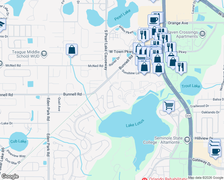 map of restaurants, bars, coffee shops, grocery stores, and more near 581 Brantley Terrace in Altamonte Springs