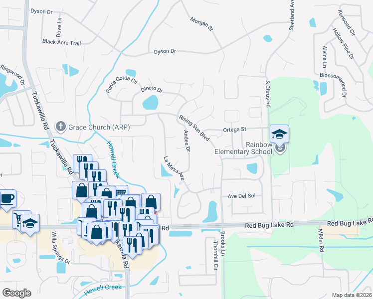 map of restaurants, bars, coffee shops, grocery stores, and more near 1355 San Felipe Court in Winter Springs