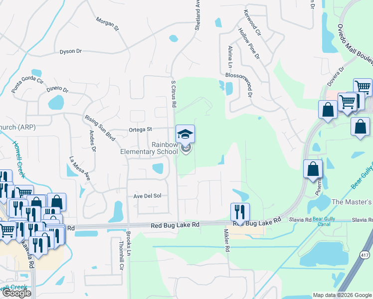 map of restaurants, bars, coffee shops, grocery stores, and more near 1412 Rainbow Trail in Winter Springs