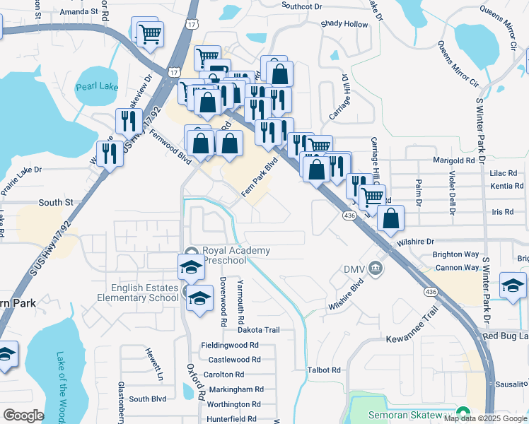 map of restaurants, bars, coffee shops, grocery stores, and more near 216 Postal Lane in Fern Park