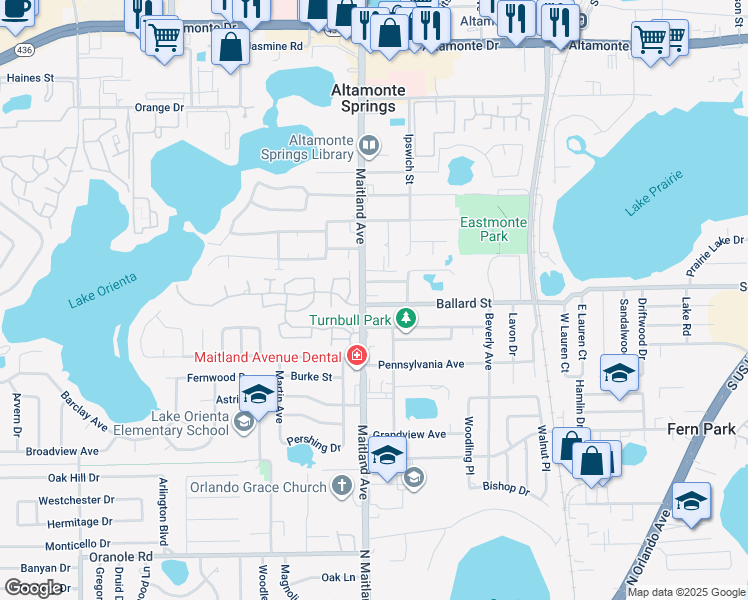 map of restaurants, bars, coffee shops, grocery stores, and more near 550 Maitland Avenue in Altamonte Springs