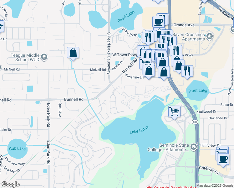 map of restaurants, bars, coffee shops, grocery stores, and more near 581 Brantley Terrace in Altamonte Springs