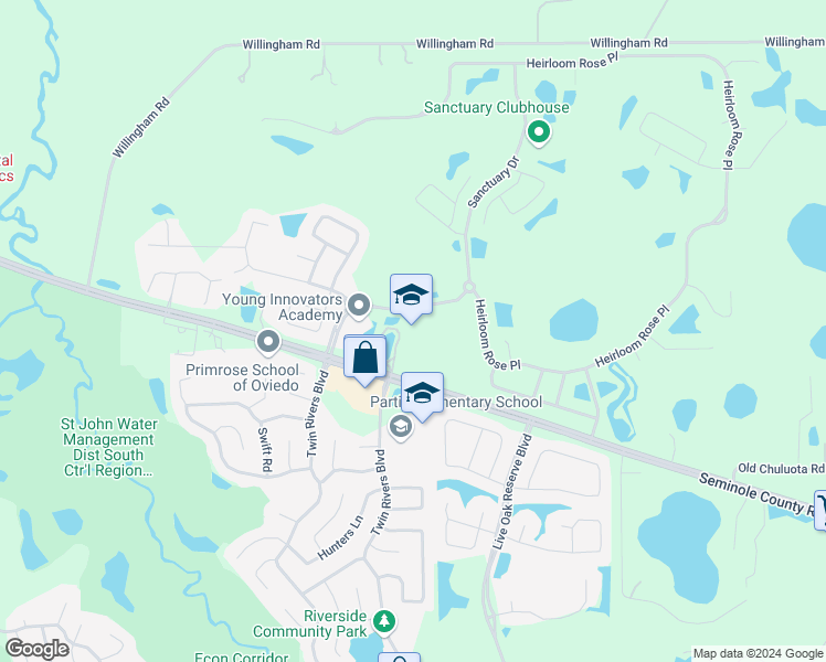map of restaurants, bars, coffee shops, grocery stores, and more near 1240 Sanctuary Drive in Oviedo
