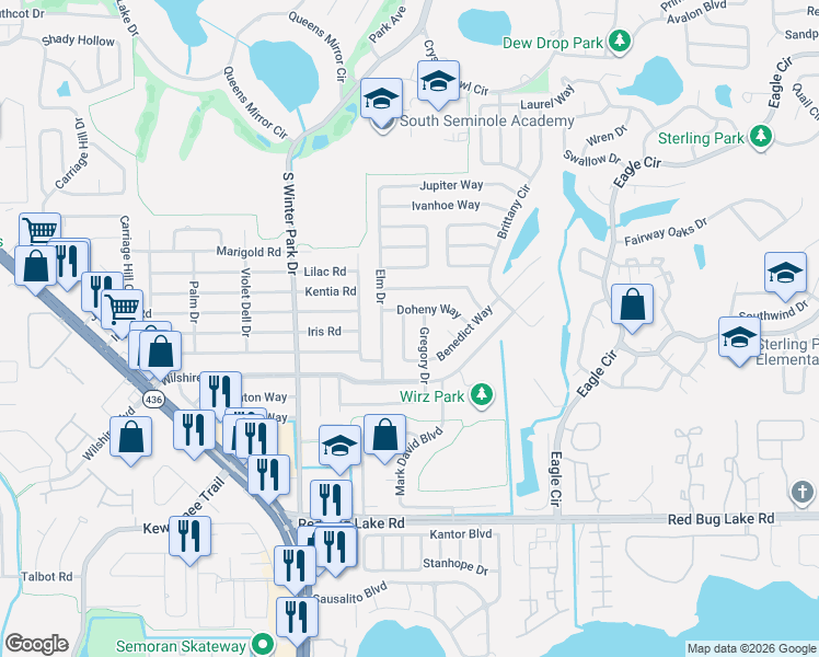 map of restaurants, bars, coffee shops, grocery stores, and more near 611 Gregory Drive in Casselberry