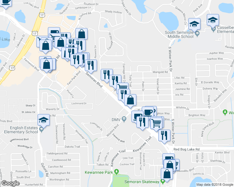 map of restaurants, bars, coffee shops, grocery stores, and more near 500 State Road 436 in Casselberry
