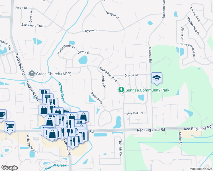 map of restaurants, bars, coffee shops, grocery stores, and more near 1321 Andes Drive in Winter Springs