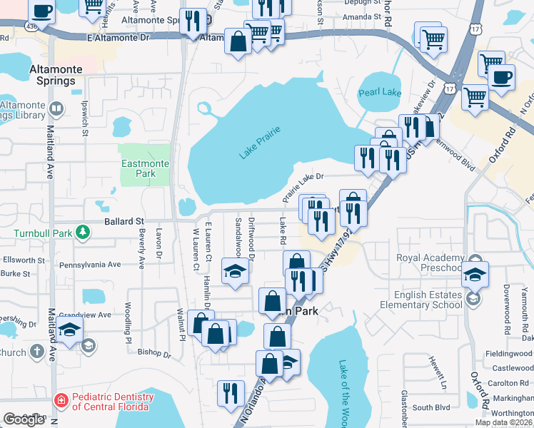 map of restaurants, bars, coffee shops, grocery stores, and more near 306 South Street in Fern Park