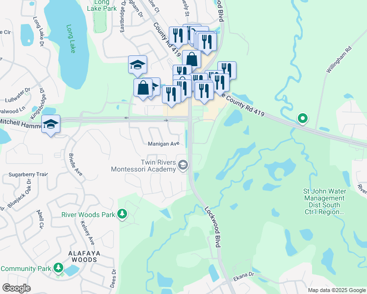 map of restaurants, bars, coffee shops, grocery stores, and more near 1034 Manigan Avenue in Oviedo