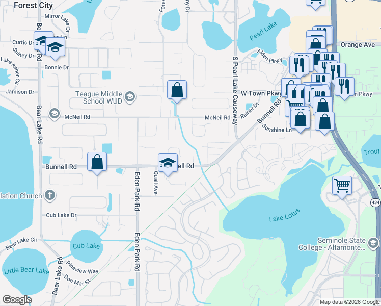 map of restaurants, bars, coffee shops, grocery stores, and more near 510 1st Avenue in Altamonte Springs