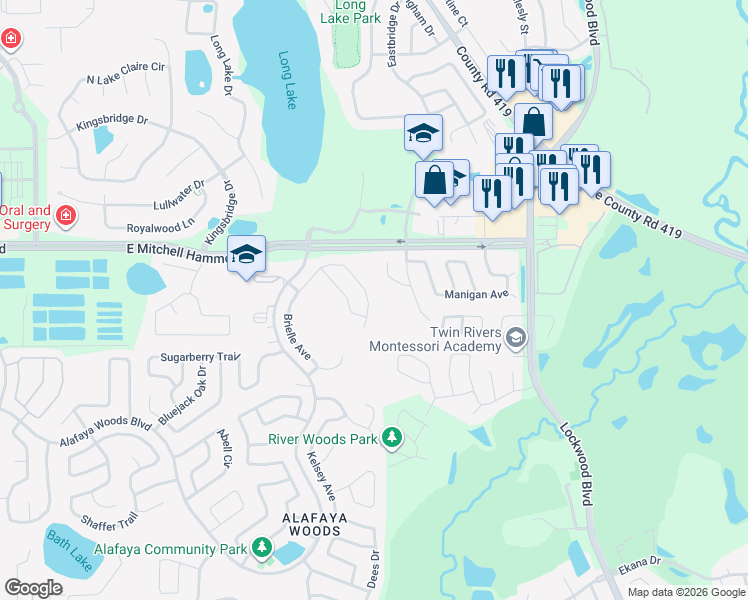 map of restaurants, bars, coffee shops, grocery stores, and more near 1101 Brielle Court in Oviedo