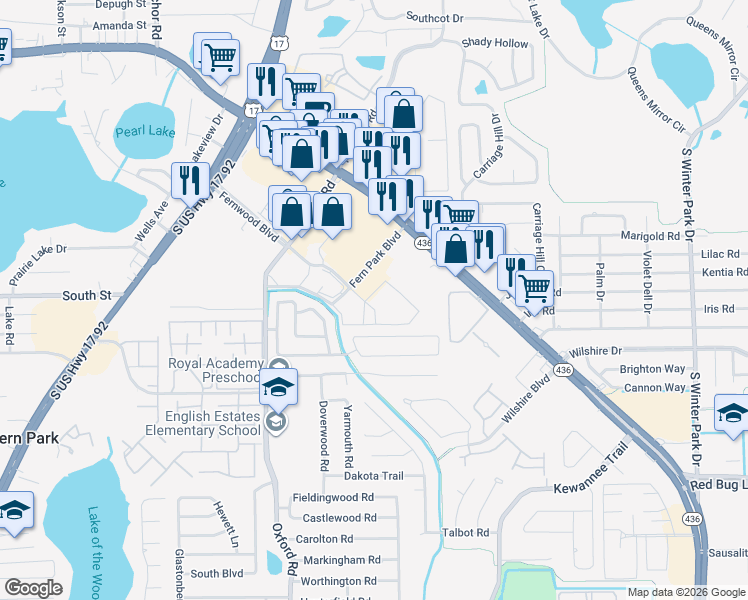 map of restaurants, bars, coffee shops, grocery stores, and more near 409 Hidden Meadows Loop in Fern Park