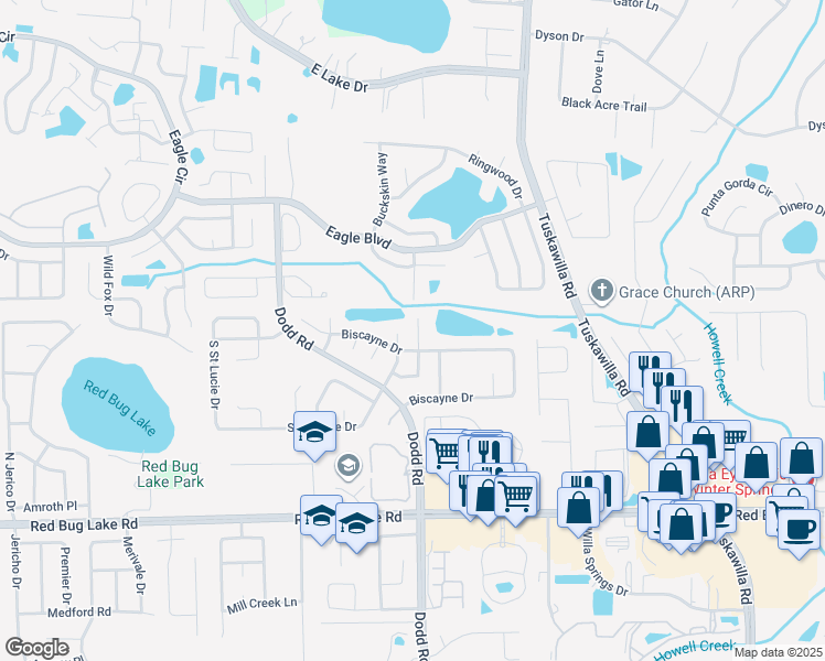 map of restaurants, bars, coffee shops, grocery stores, and more near 672 Kissimmee Place in Winter Springs