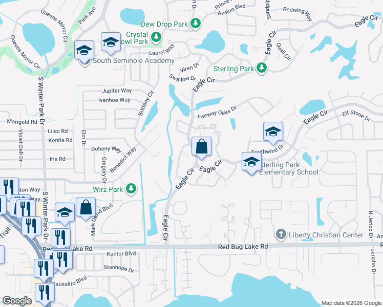 map of restaurants, bars, coffee shops, grocery stores, and more near 501 Pinesong Drive in Casselberry