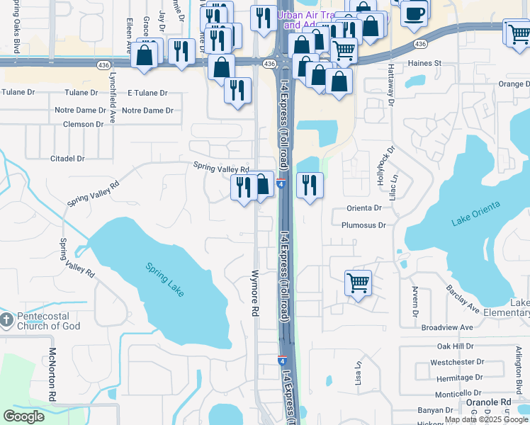 map of restaurants, bars, coffee shops, grocery stores, and more near 425 Wymore Road in Altamonte Springs